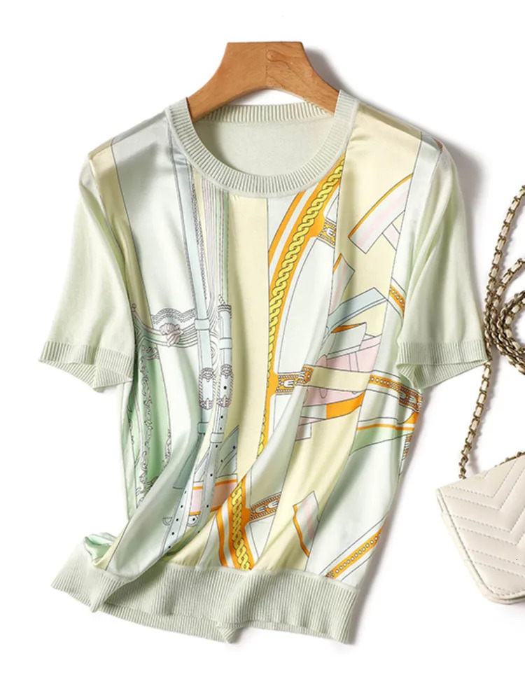 Fashion Printing Put Together Ice Silk Knitwear Shirt Tshirt Round Neck Short Sleeve Temperament Slim Womens Style Top 250723