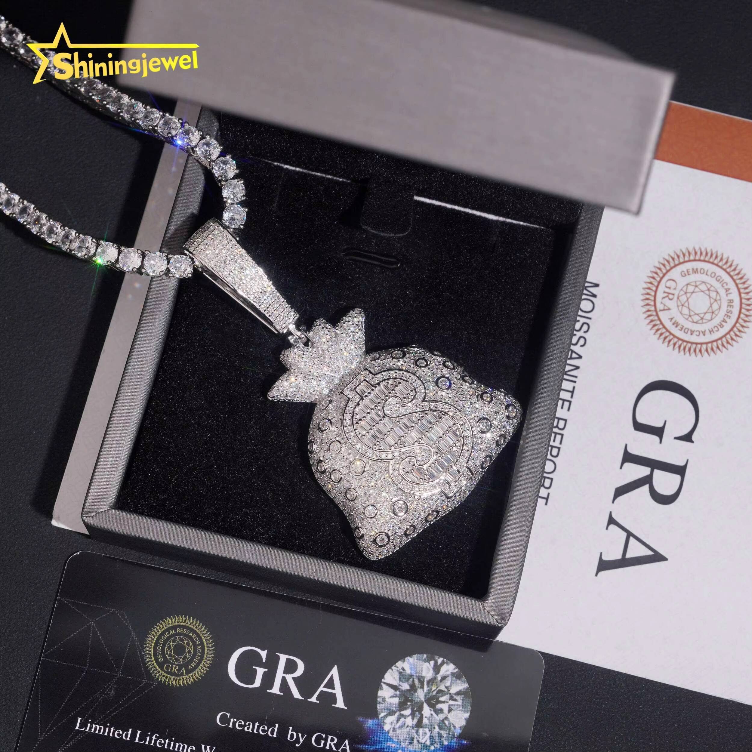 Solid Back Hip Hop Jewelry Money Bag Pendant Custom Iced Out Fashion 925 Silver VVS Moissanite Baguette Diamond Wealthy Pendant