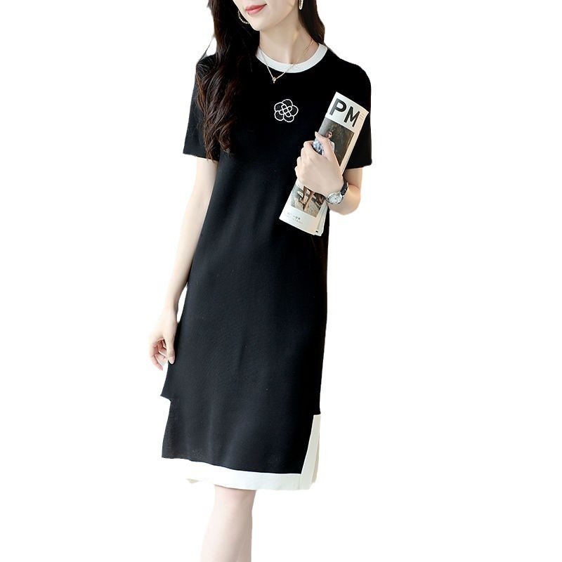 2025 Summer Hepburn Style Camellia Beaded Split Ice Silk Knitted Short Sleeve Dress for Women Plus Size Slim Fit Bodycon Dress 250723