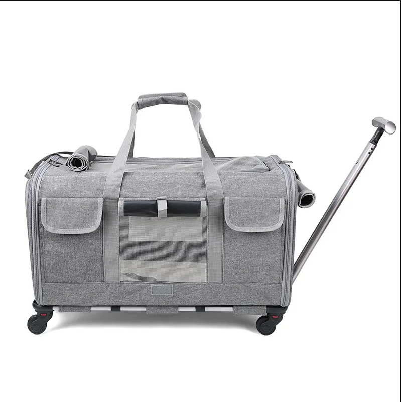 Collapsible Extra Large Cat Carrier with Wheels and Litter Box, Rolling Soft Carrier with Breathable Mesh Windows and Locking Zippers for Long Distanc