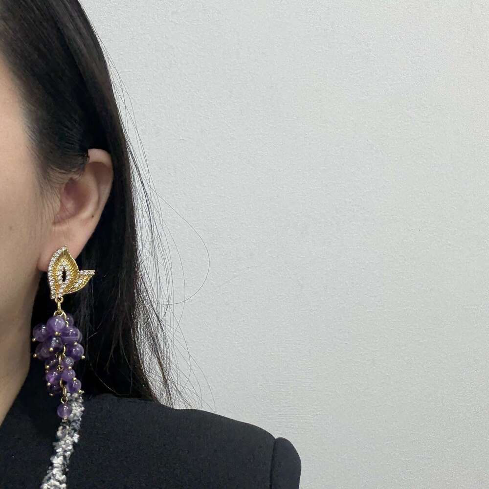 Vintage Jewelry Exaggerated Tassel Crystal Grape Palace Court High-end Light Glass Earrings for Women