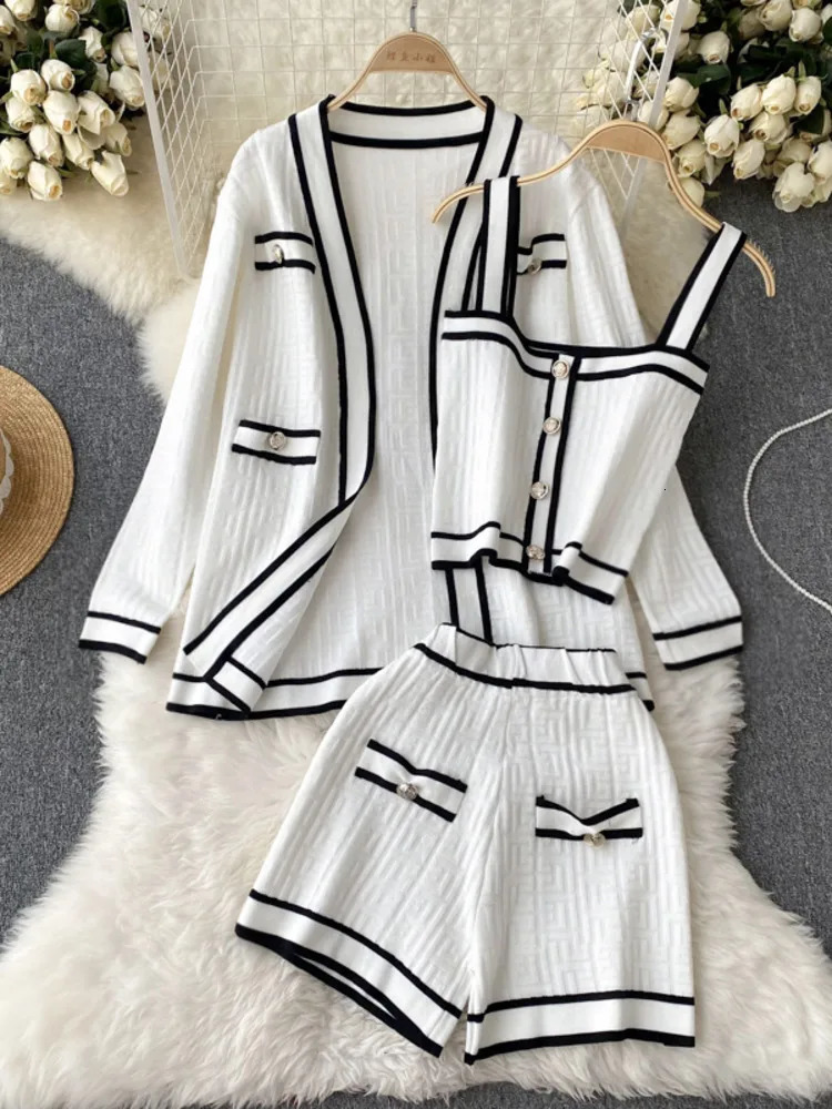 Casual Long Sleeve V Neck Cardigan Jacket Sling Vest High Waist Shorts High Quality Chic Button Knitted Vintage 3 Piece Sets 250723