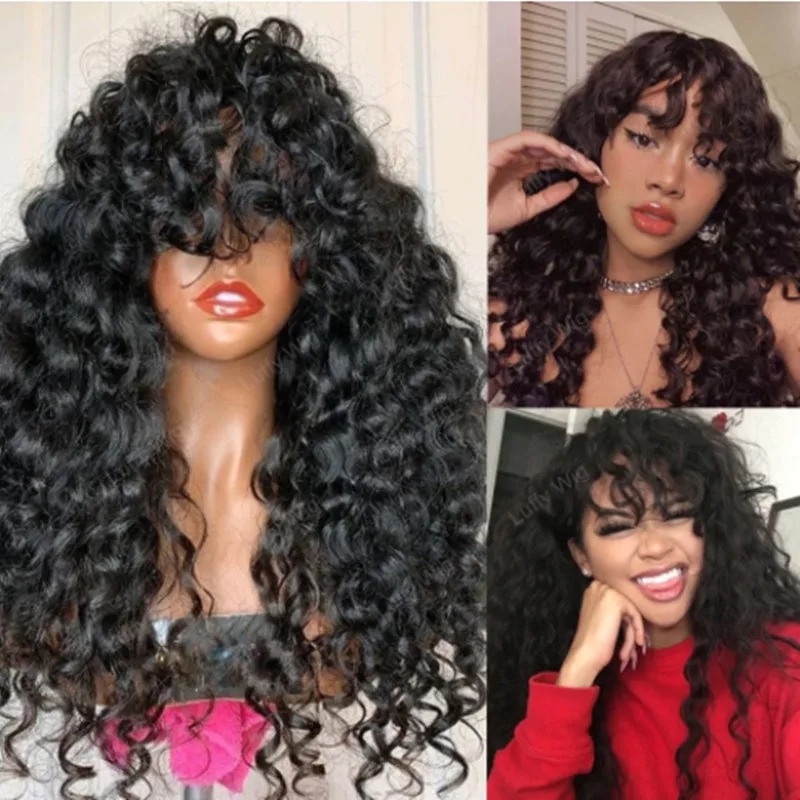 Soft Natural Black 26Inch Kinky Curly Long 180 Density With Bangs For Women High Temperature Fiber Glueless Daily Synthetic Lace Front Wig