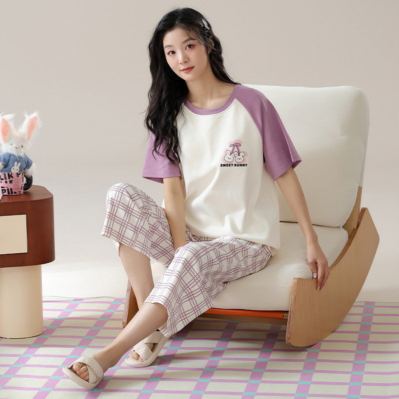 B984-100% cotton pajamas women spring and summer short-sleeved cropped pants ladies thin home clothes cotton suit