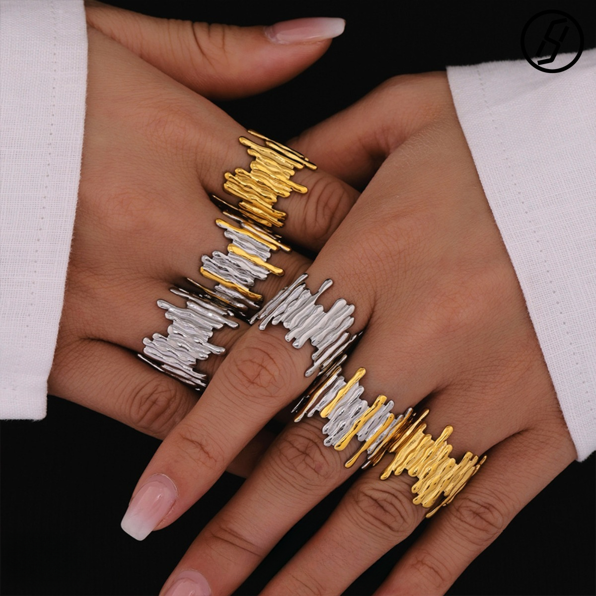 European and American Cold Style Color Matching Open Ring Geometric Stainless Steel Irregular Ring Lava Shape Open Ring Women's Ring