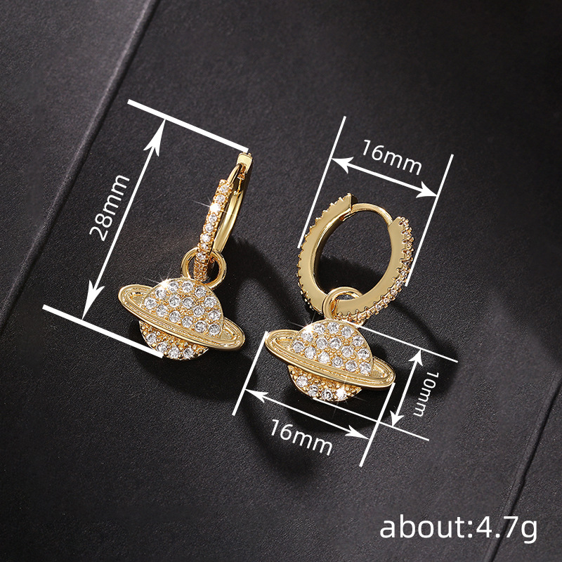 Gold - Tone Planet - Shaped Drop Earrings With Rhinestone Accents, Chic Cosmic - Inspired Jewelry, High - Quality Sparkling Gift For Her