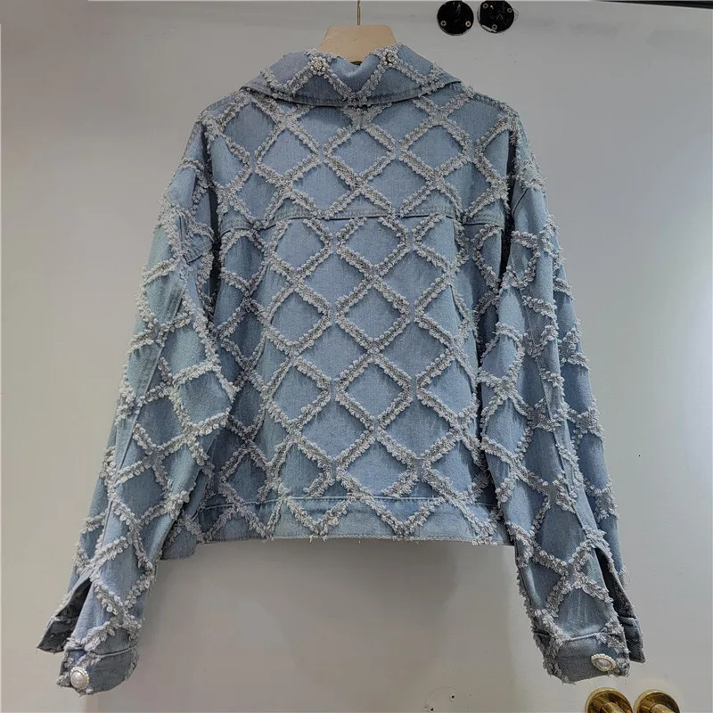 WTHT Fashion Womens Spliced Rivet Flower Plaid Denim Jacket Spring Trendy Lapel Long Sleeves Coat 1LS1131 250723