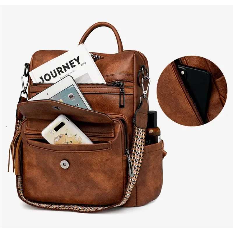 Backpack for Women Large Womens Backpack Leather Travel Fashion Purse Designer Ladies Shoulder Bags with Tassel Two-toned Brown S250723