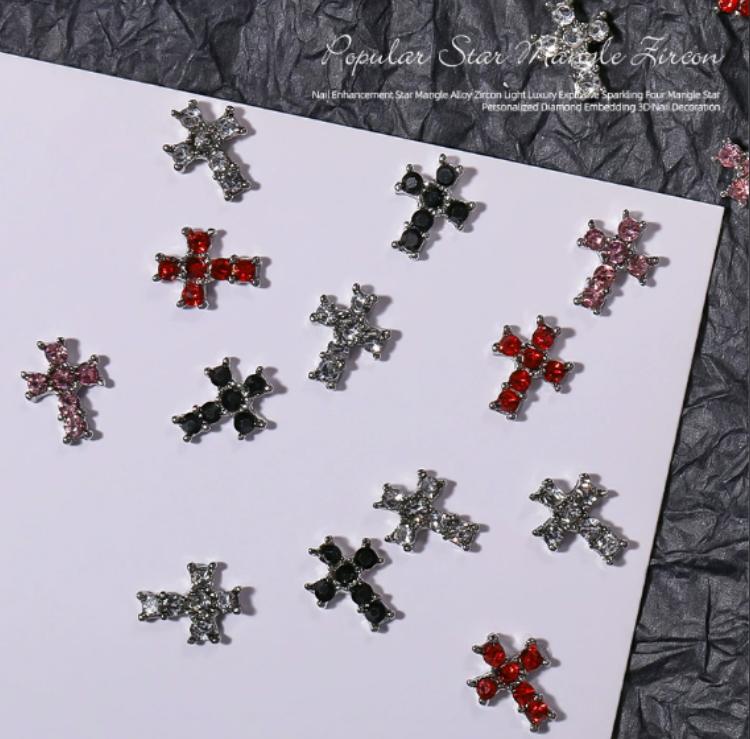 Wholesale of light luxury and retro accessories with trendy nail art, punk style, shiny and studded cross, hot girl alloy jewelry