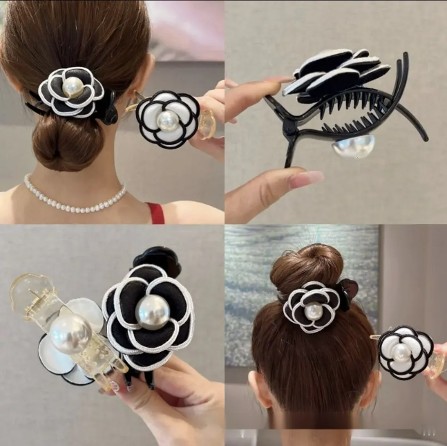 Luxury for woman Designer Elegant Camellia Flower Hair Claw Clip - Double-Sided Bun Holder, Ponytail Accessory For Women And Girls Free Ship