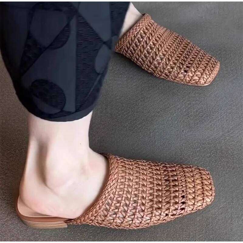 French Fashion Sandals Hand-Woven Mesh Cap-Toe Slippers Ballet Square-Toe Flat Hot Hollow Large Size Women's Shoes