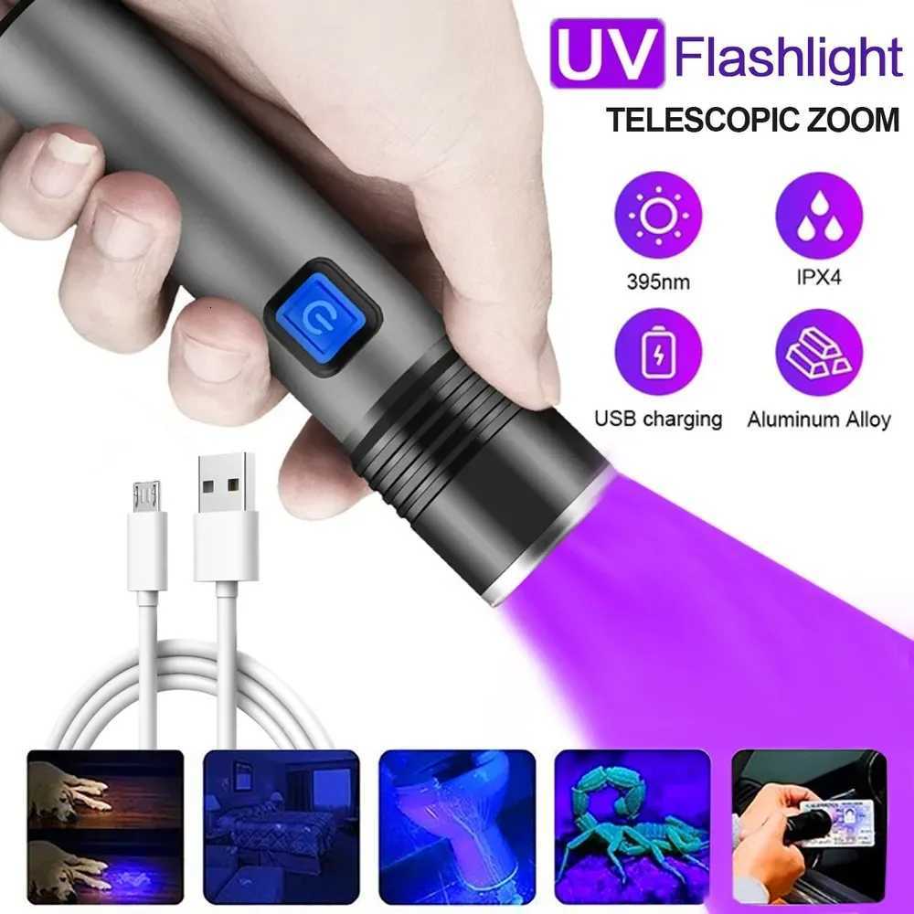 395nm UV Flashlight Blacklight Zoomable USB Rechargeable UV Light Ultraviolet Flashlight for Pet Urine Detector Resin Curing Z250722
