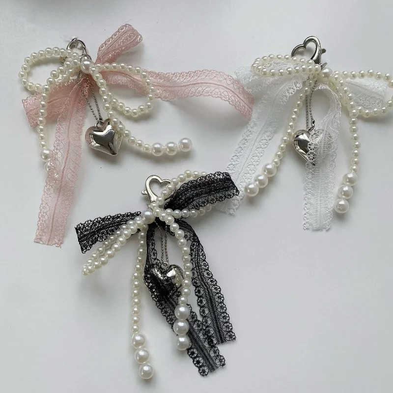 Sweet Imitation Pearls Lace Bow Beaded Keychain Phone Charm Strap Pendant for Phone Accessories Bag Hanging Cord for Women Girl M250723