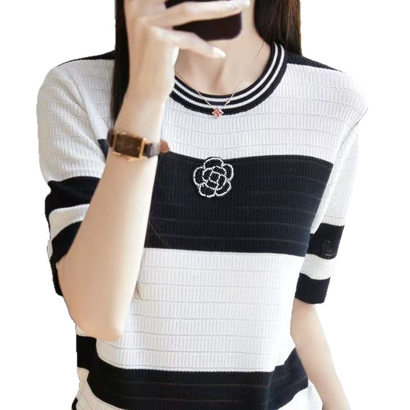 Women Summer Simplicity Office Lady Striped O-neck Short Sleeve Knitwear Tops Ladies Elegant Temperament All-match Trend Ice Silk T-Shirt Top 250723