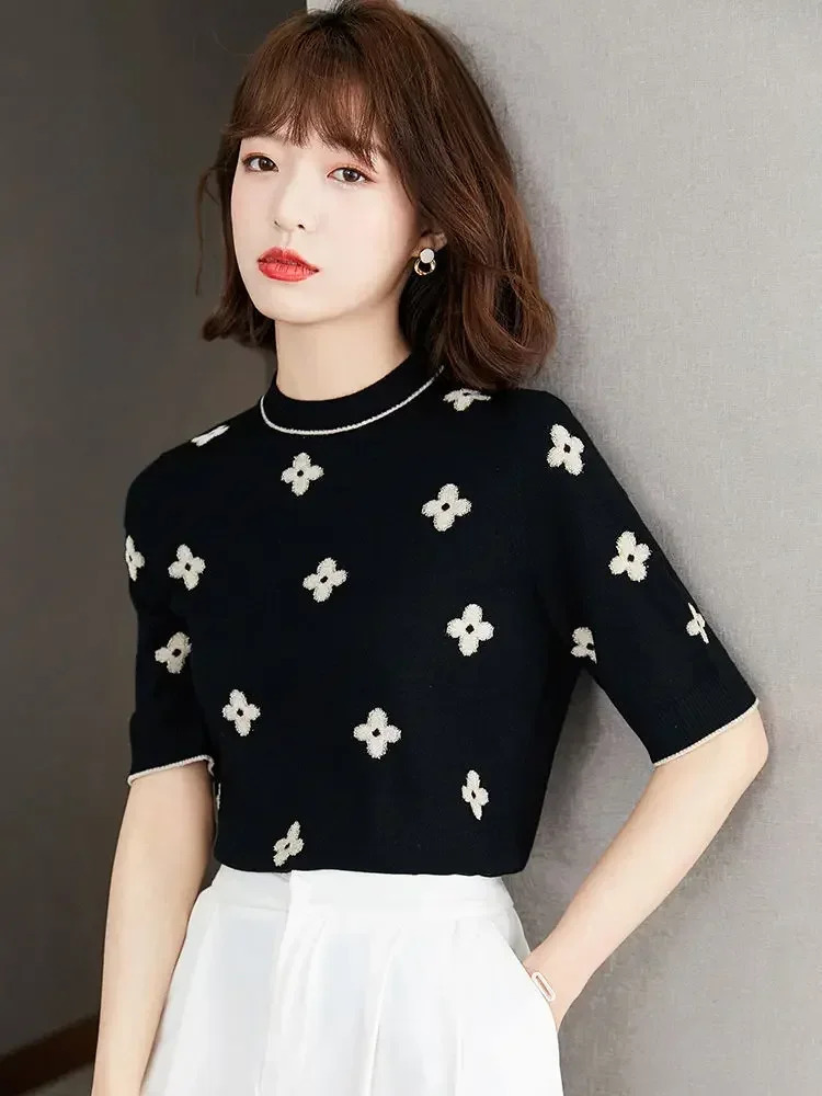 Casual Thin Knitted TShirt Summer Short Sleeve Tops Elegant Womens Clothing Embroidery Flower Fashion Tee Shirt Femme 250718