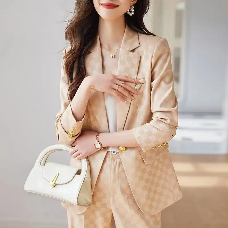 Womens Spring Autumn Fashion Plaid Professional Suit Jacket Matching Set Korean Elegant Casual Blazers Pants Two Piece 250723