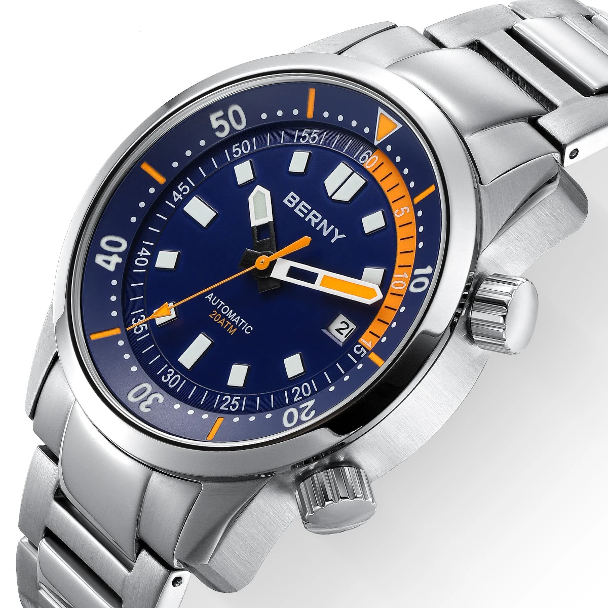 BERNY Diver Watches for Men 20AMT Super Luminous Automatic Mechanical Men's Dive Watch Full Stainless Steel 42mm Sapphire Diving