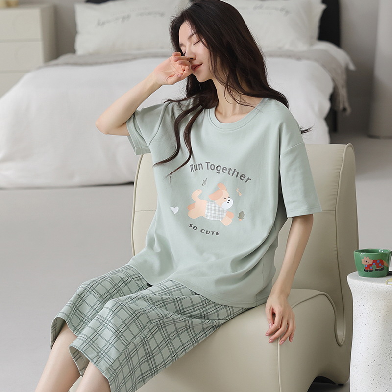 X203-Pajamas women summer pure cotton summer new short-sleeved cropped pants Korean style casual cute outer wear home clothes suit ladies