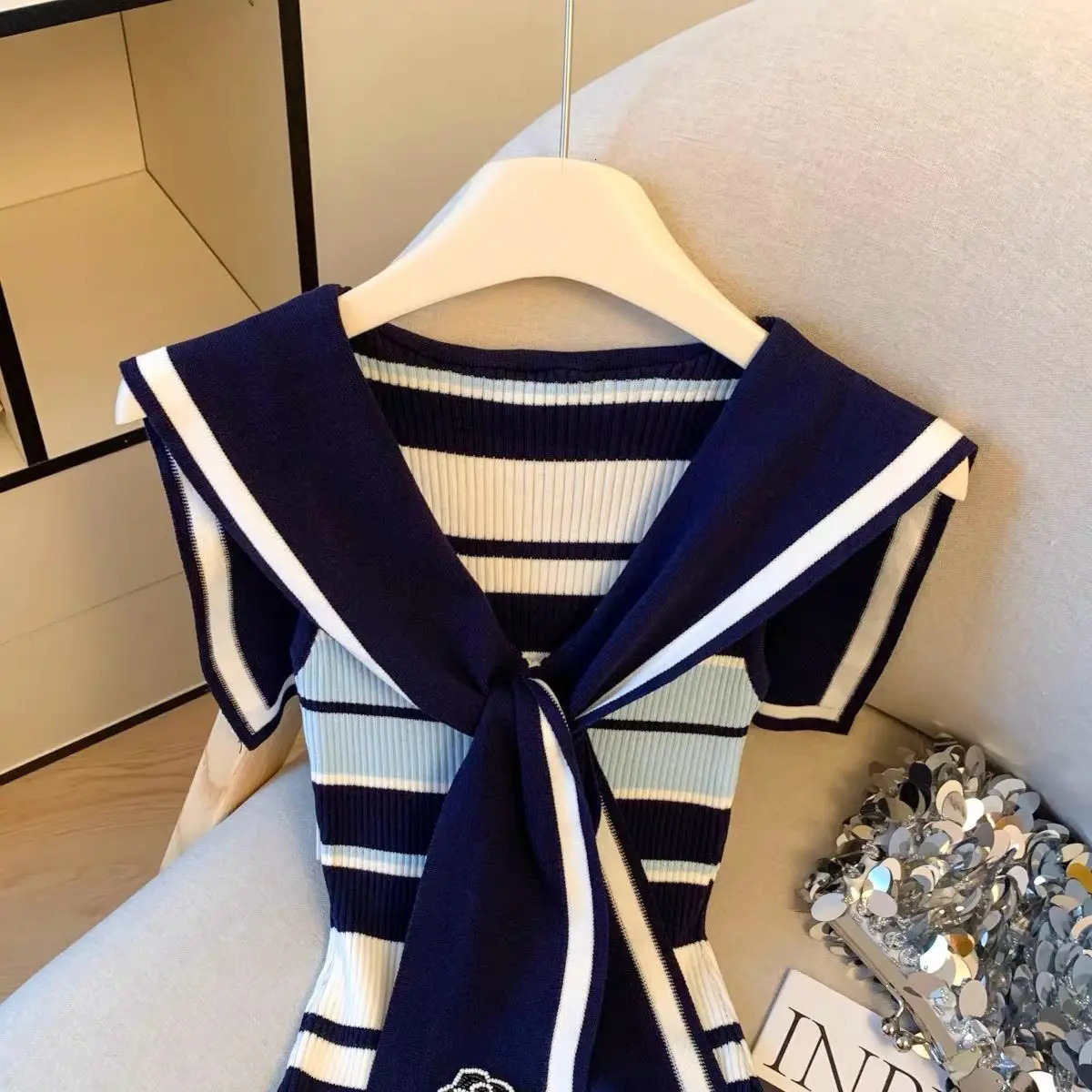 Summer Sleeveless Sailor Collar Striped Top Tee Lacing Female Casual Knitting Preppy Style Slim Pullovers Women Clothes 250723