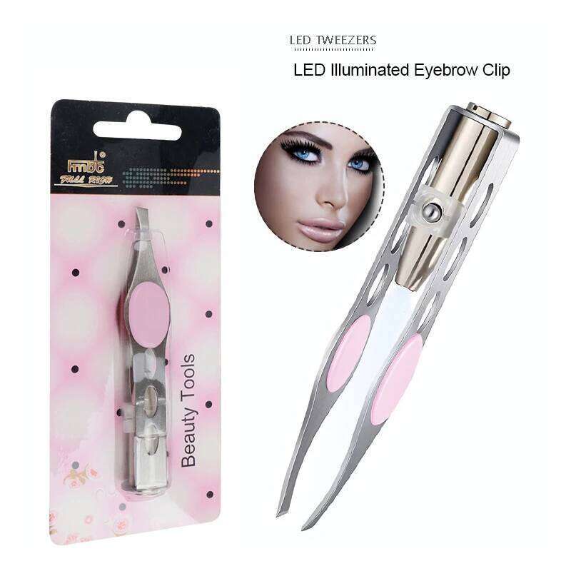 1PC LED Tweezer Oblique Tip Stainless Steel Eyebrow Trimming Clip Eye Hair Removal Prune False Eyelash Clamp Makeup Tool Eyelash Curl