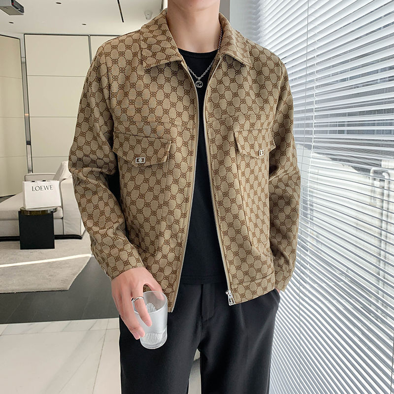 Free shipping Flip collar short item Jacquard casual jacket Male Korean version of niche high-end jacket, cool and stylish top new