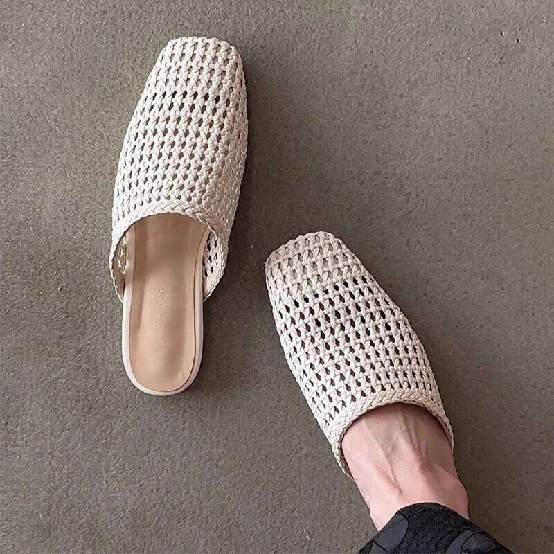 French Fashion Sandals Hand-Woven Mesh Cap-Toe Slippers Ballet Square-Toe Flat Hot Hollow Large Size Women's Shoes