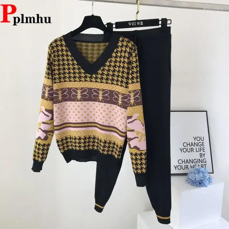 Lanjia- Women's Tracksuits Sweater Two Piece Sets Ankle-Length Pants Tracksuit Knit Outfits Women Vintage Print Long Sleeve V-Neck Patchwork 8917