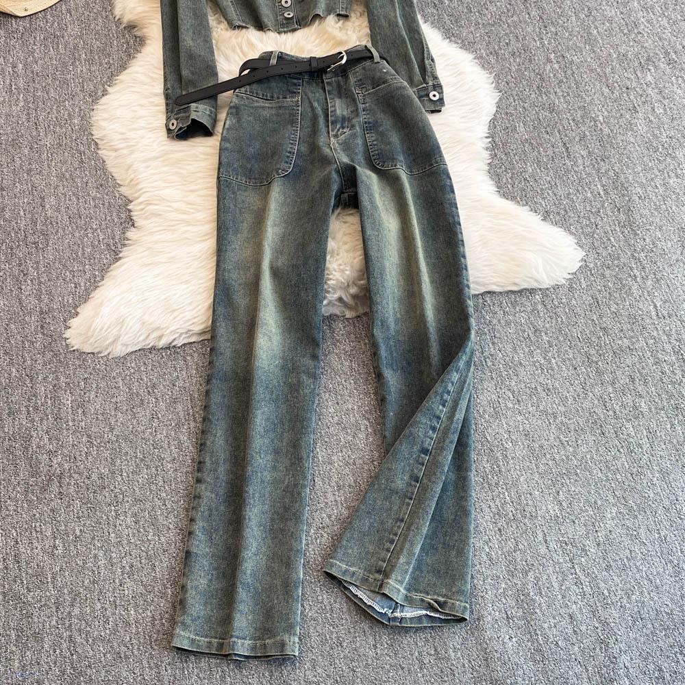 Autumn Denim 2 Piece Set Women Halter Slash Neck Off Shoulder Long Sleeve Pleated Jackets Casual Jeans Y2k Streetwear Suit 250211