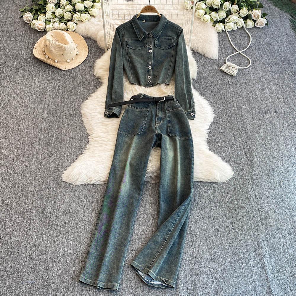 Autumn Denim 2 Piece Set Women Halter Slash Neck Off Shoulder Long Sleeve Pleated Jackets Casual Jeans Y2k Streetwear Suit 250211