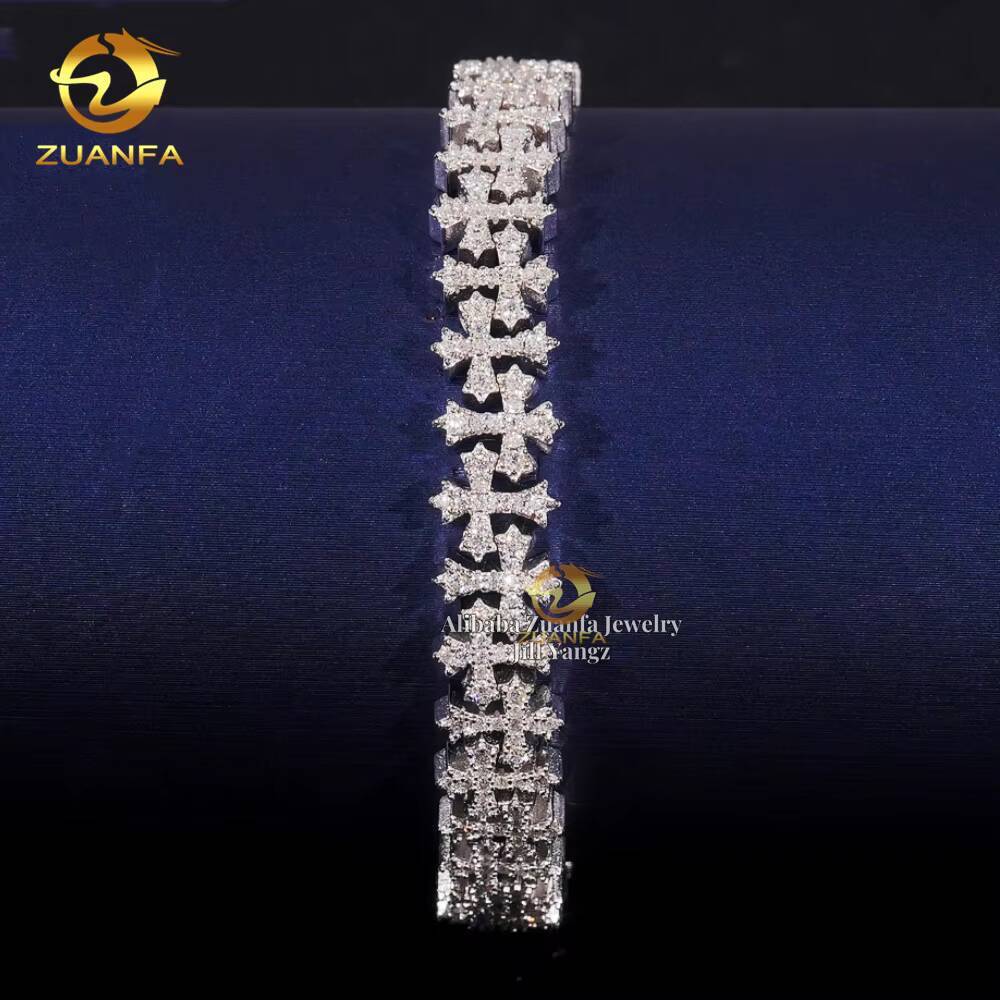 New Ready Stocks 8.5mm Cross Bracelet VVS Moissanite Cuban Link Chain Rappe Hip Hop Necklace Rock Religious Jewelry