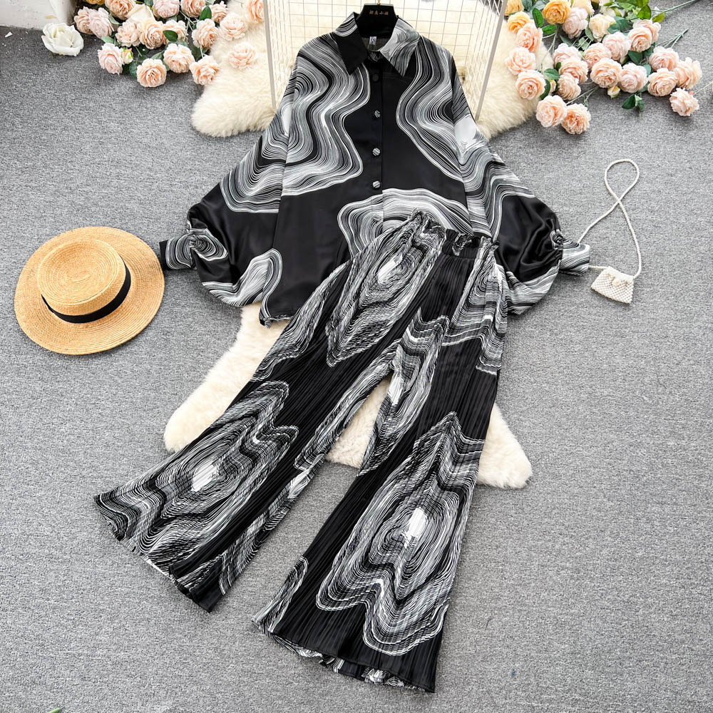 Vintage print lapel loose shirt two-piece set spring womens elastic waist drop pleated wide-leg pants fashion set 240514