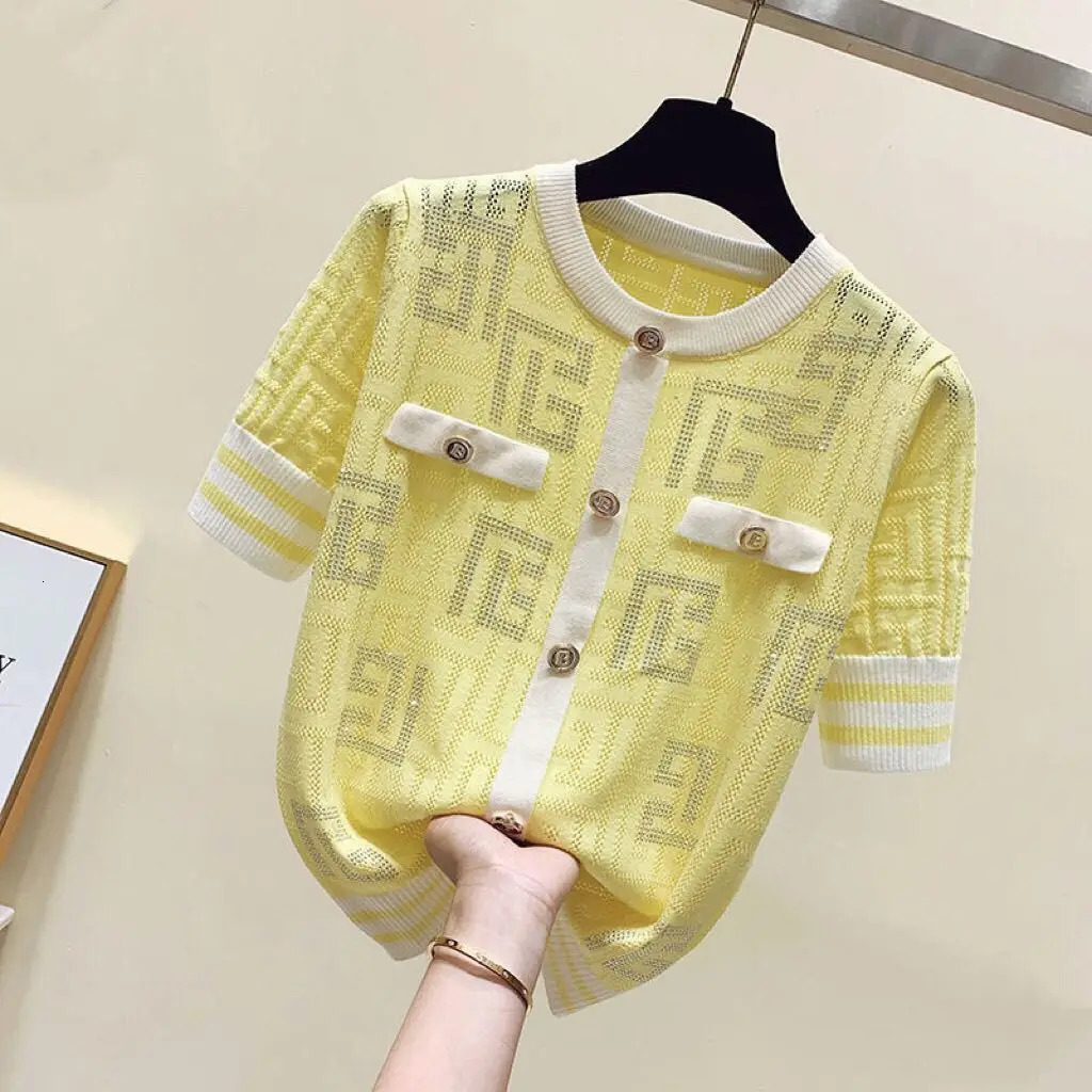 Highend Shiny Diamond Ice Silk Tshirt Thin Tops Button Summer Knit Tees Short Sleeve Striped Womens Clothing Outerwear 250723