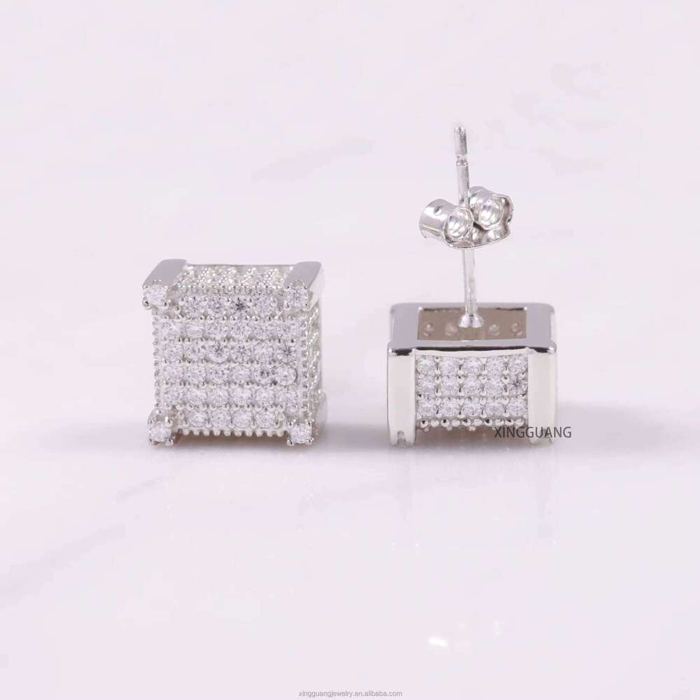 XG Fashion Gold Plated Square Shape Sier With VVS Moissanite Dia Charm for Woman/men Earrings Fine Jewelry - view 3