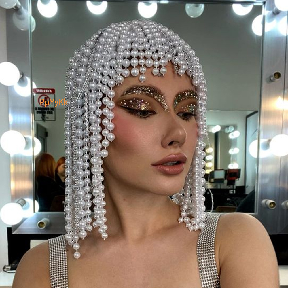 Hip Hop Pearl Headwear Statement Luxury Tassel Hair Accessory for Party Ball