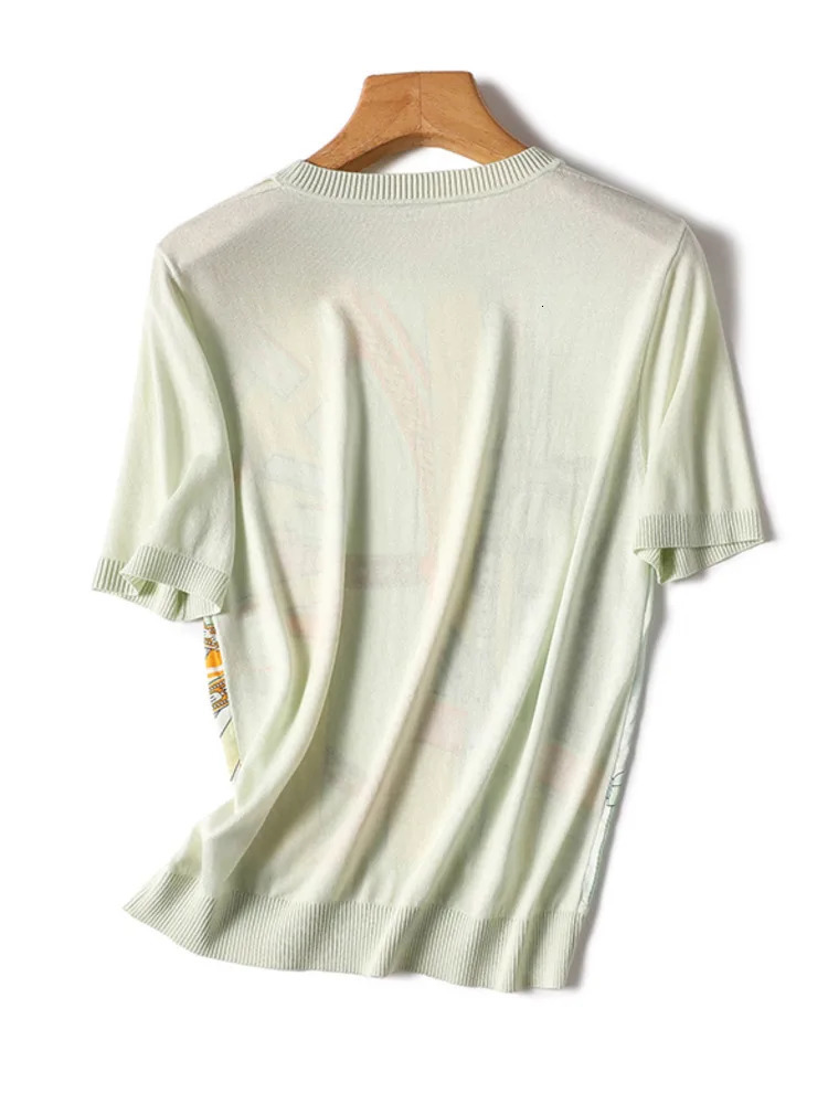 Fashion Printing Put Together Ice Silk Knitwear Shirt Tshirt Round Neck Short Sleeve Temperament Slim Womens Style Top 250723