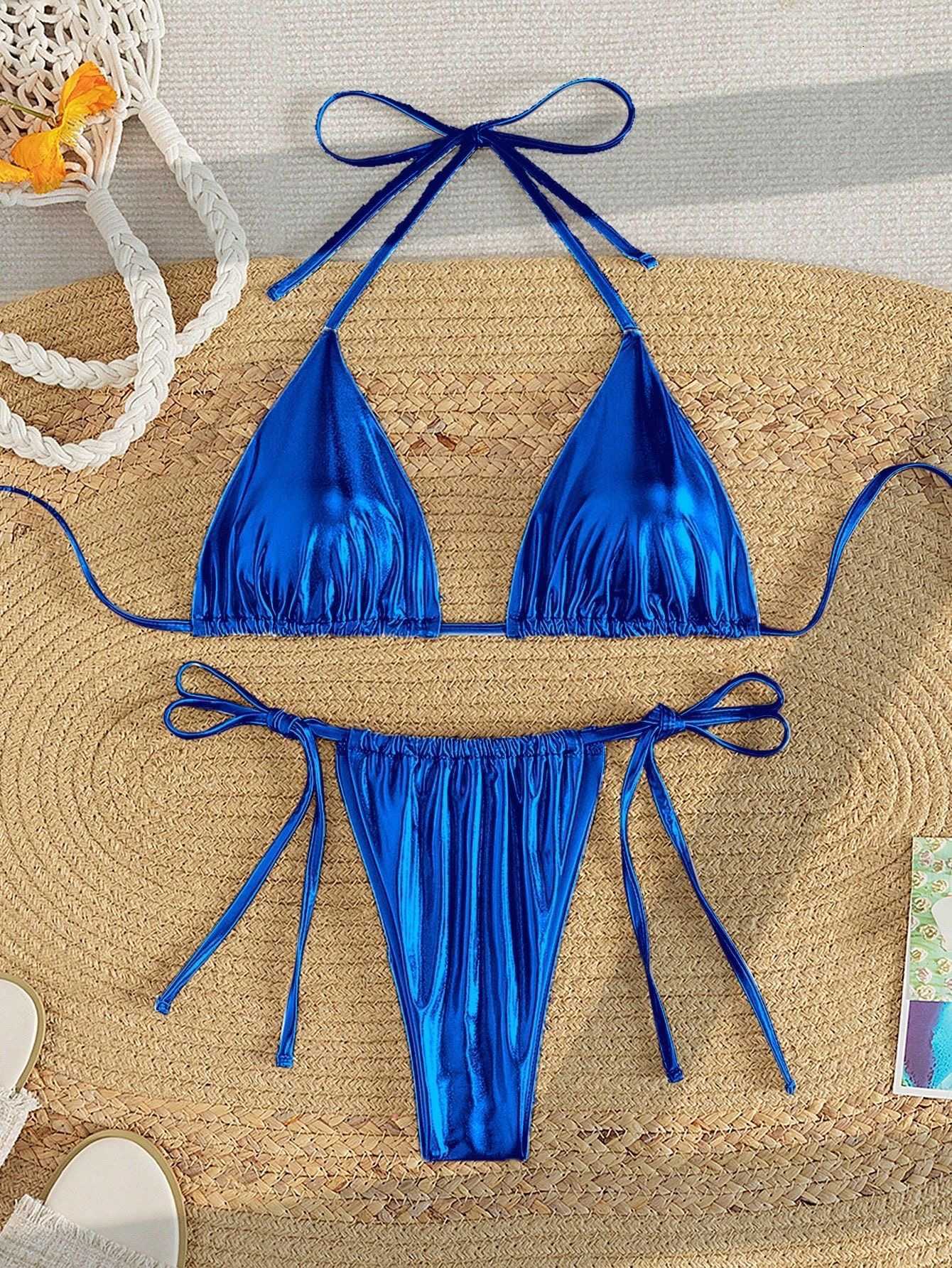 New European and American best-selling women's swimwear set in two pieces with gold-embossed fabric, collarless strap-style, sexy bikini
