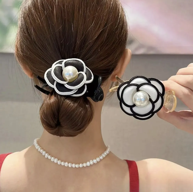 Luxury for woman Designer Elegant Camellia Flower Hair Claw Clip - Double-Sided Bun Holder, Ponytail Accessory For Women And Girls Free Ship