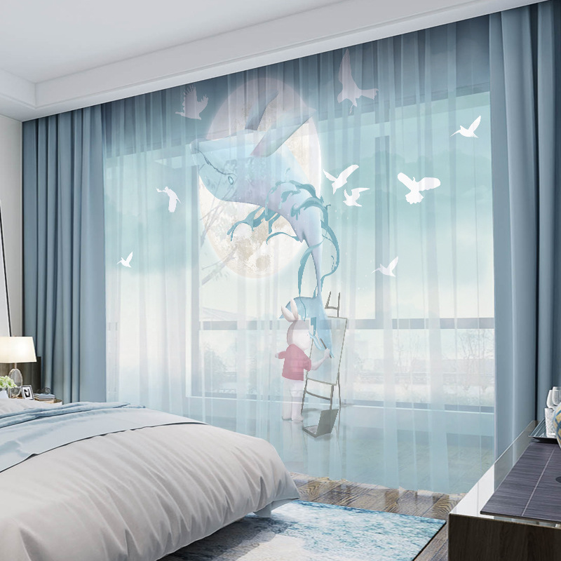 YL-36666 New Whole House Modern American Curtain Dolphin Blue Sky White Cloud Bedroom Blackout Window Screen