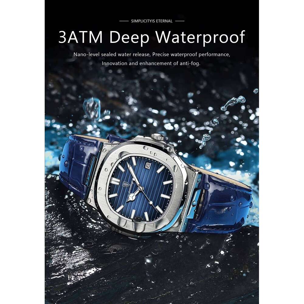 DHwatches POEDAGAR 613 Hot Sale Leather Strap Calendar Square Dial Classic Quartz Watch Top Brand Waterproof Casual Men's Watches