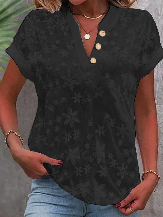 Free Shipping 2025 Designer Tops Women Blouses Embroidered V-Neck Short Sleeve Shirt Women Summer Simple Casual Cotton Blouse