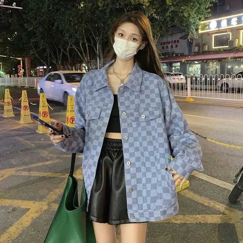 Early Spring Autumn Versatile Plaid Denim Jacket Womens Fashionable Outerwear Classic Never out of Style250723