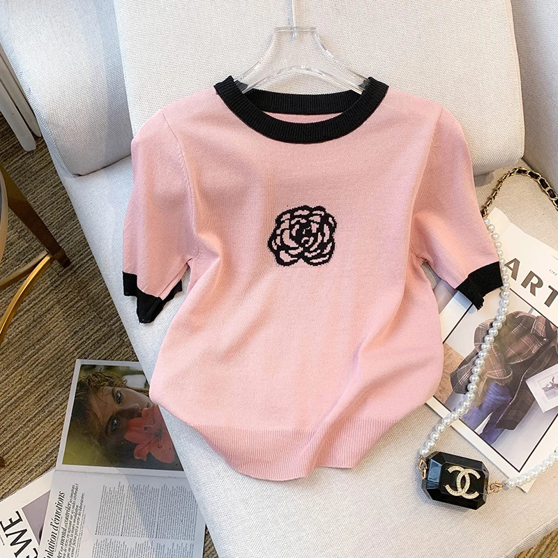 Camelia Jacquard Ice Silk Knitted Sweater Tshirt Women Summer Elegant Vintage Fashion Knitwear Tees Short Sleeve O-neck Top 250723