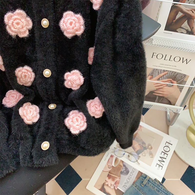 Mink Velvet Gentle Soft Glutinous Style Three-Dimensional Flower Sweater Cardigan Coat Women Autumn Niche Sense Knitted Shirt Top 250723