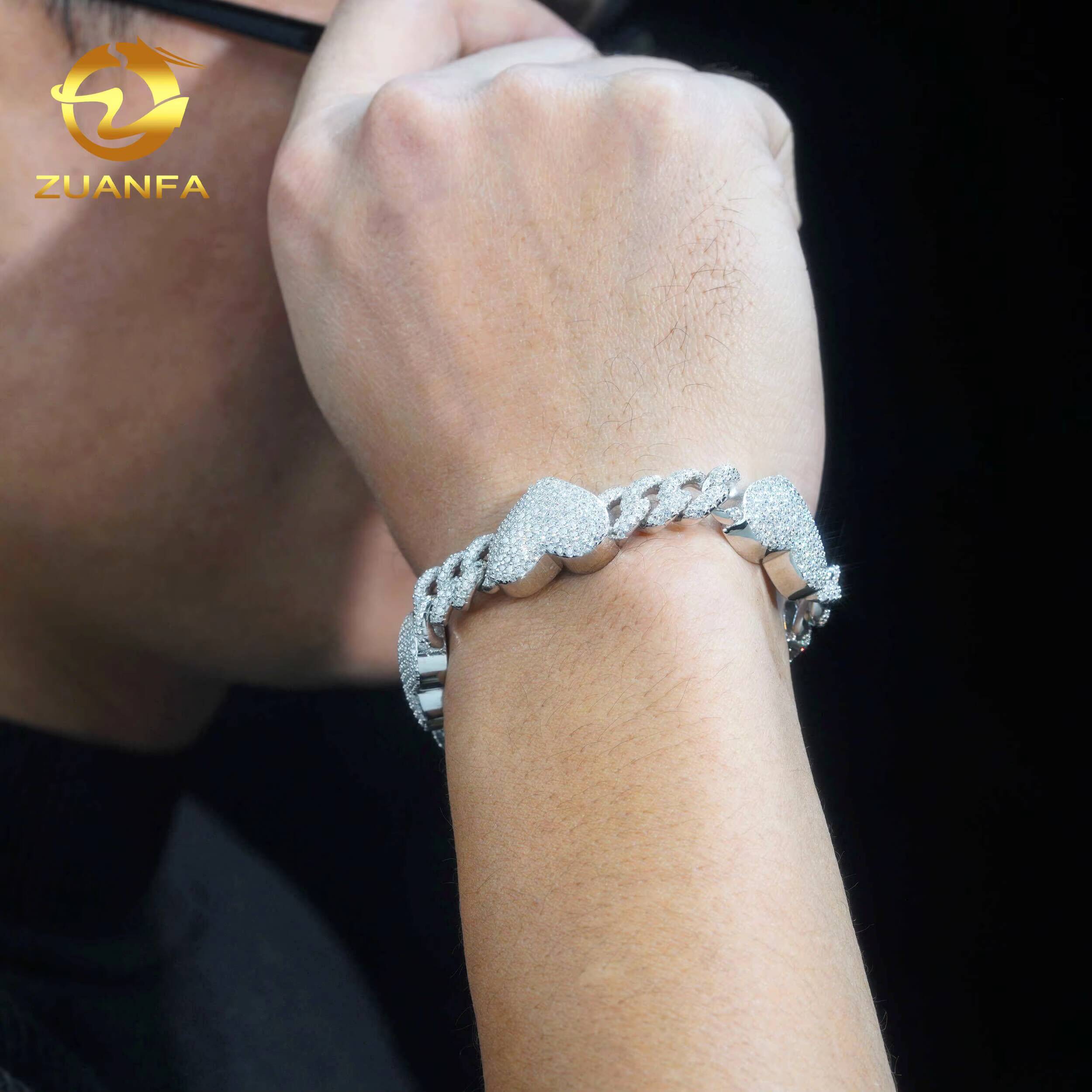 Fashion GRA Certificates Pass Diamond Tester 925Solid Silver 13mm Iced Out Hip Hop Moissanite Diamond Heart Link Chain Bracelet