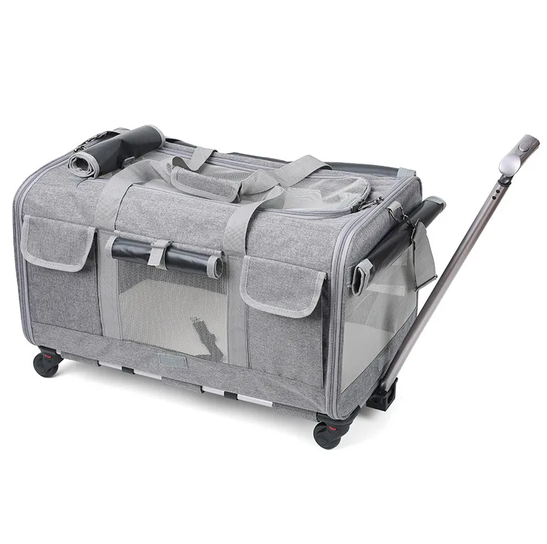 Collapsible Extra Large Cat Carrier with Wheels and Litter Box, Rolling Soft Carrier with Breathable Mesh Windows and Locking Zippers for Long Distanc