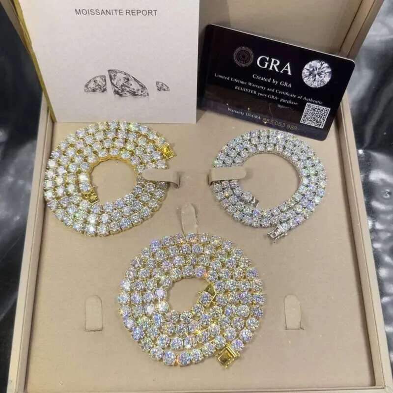 Highest quality hip hip Sier Gra VVS Moissanite Dia Tennis chain 3mm 4mm 5mm Necklace Bracelet Men women Hip Hip jewelry