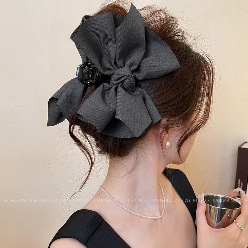 High end black bubble bow hair clip, large size hair display, large hair volume, back of the head bun hair, shark clip hair accessory
