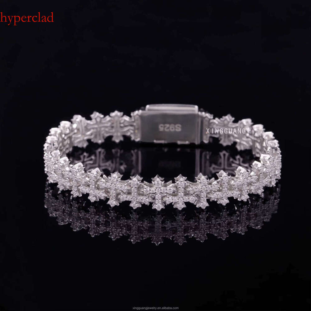 Fashion Best Selling Prong Setting White Gold Plated Iced Out Jewelry Moissanite Dia Hip Hop Cross Cuban Link Bracelet