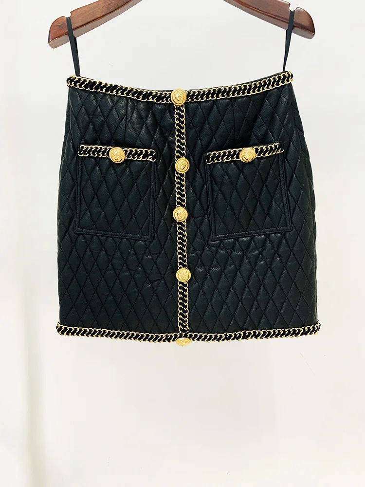 Gold Chain Edge Decoration Grid Faux Leather Jacket Cardigan Coat Blazer Black Mini Skirt Outfit Women Short Jacket 250723