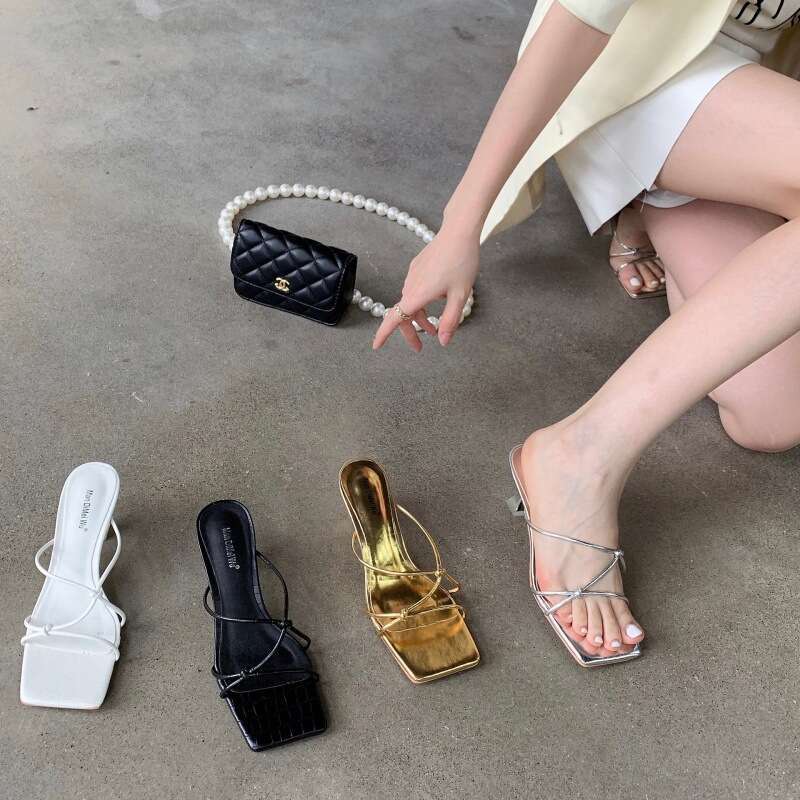 2025 Spring and Autumn New Fashionable Gold Square Open Toe Sandals for Women with Mid Outdoor Thin Heel, High Heel Slippers